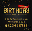 Golden foil ribbon happy birthday style. Alphabet font and numbers.