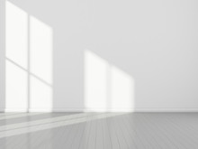 3D Stimulate Of White Room Interior And Wood Plank Floor With Sun Light Cast Rhythm Of Shadow On The Wall,Perspective Of Minimal Design Architecture