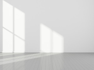 3d stimulate of white room interior and wood plank floor with sun light cast rhythm of shadow on the