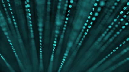 Animated lines of constantly changing binary code in 3D space with very shallow depth of field and shifting focus