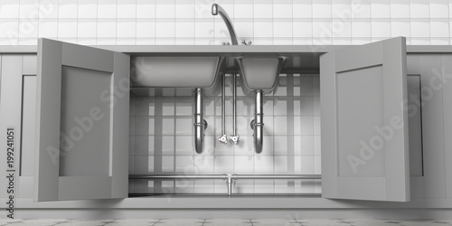 Cuadros en Lienzo Kitchen cabinets with open doors, stainless steel sink and water tap, under view