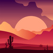 © topvectors - View on sunset in sandy desert landscape with cactus plants. Pink and purple gradients. Vector design for mobile game, travel poster or print