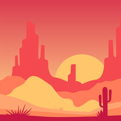 Sticker - Scenery of desert with rocky mountains and cactus plants. Landscape with sunrise. Vector design in gradient colors for mobile game, postcard or banner