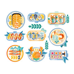 Poster - Flat vector set of various seafood dishes. Boiled crab, mussels, shrimps, salmon, tuna, sushi and sandwiches with caviar