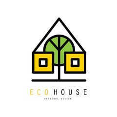 Sticker - Creative vector logo of eco house with windows and green tree. Insignia for building company or real estate agency. Ecological construction