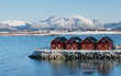 typical norwegian red houses on stone pier with mountains in background