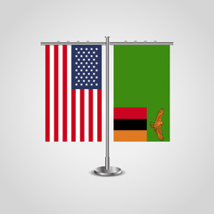 Table stand with flags of USA and Zambia.Two flag vector. flag pole.Symbolizing the cooperation between the two countries.Vector table flags