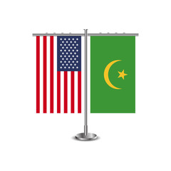 Table stand with flags of USA and Mauritania.Two flag vector. flag pole.Symbolizing the cooperation between the two countries.Vector table flags