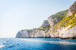 Motorboat driving on Ionian sea close to Zakynthos island, Greece
