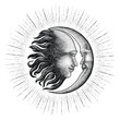 Face in Sun and Moon hand drawing vintage engraving money line detail style for tattoo