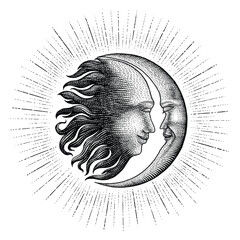 Face in Sun and Moon hand drawing vintage engraving money line detail style for tattoo