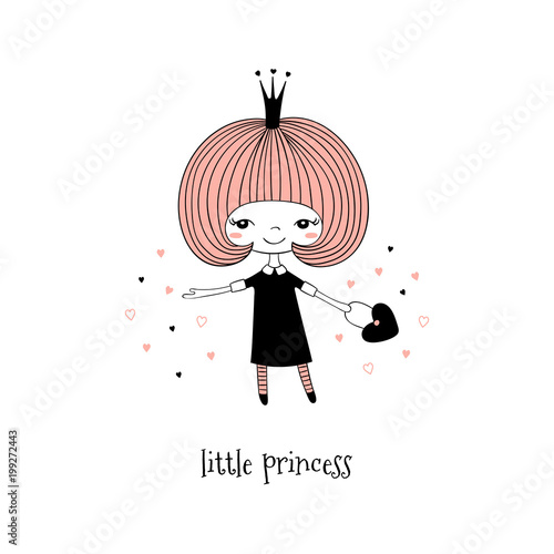 Hand Drawn Vector Illustration Of A Cute Little Princess In A Black Dress With Text Isolated Objects On White Background Line Drawing Unfilled Outline Design Concept For Children Print Buy This