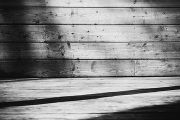 Wall Mural - Black and white vintage wooden background - empty space for copy, wooden wall with floor in a barn