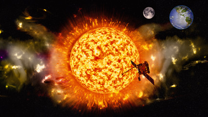 Wall Mural - satellite flying around the sun during a solar storm