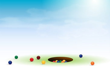 Wall Mural - Marbles game with balls and hole under blue sky