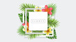 Square frame with exotic flowers and palm leaf, on white background. Vector design for summer and exotic desing