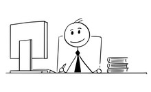 Cartoon Stick Man Drawing Conceptual Illustration Of Smiling Businessman Working In Office.