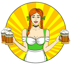 Logo Pop art Germany Girl waitress carries five beer glasses, oktoberfest. Comic style imitation. Banner, poster or stcker