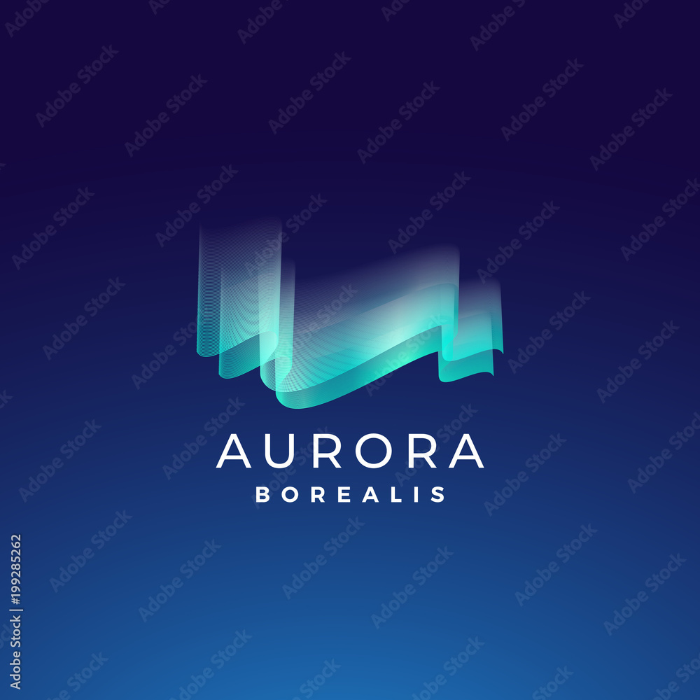 Aurora Borealis Abstract Vector Sign, Emblem or Logo Template. Premium Quality Northern Lights Symbol in Blue Colors with Modern Typography. On Dark Background - obrazy, fototapety, plakaty 