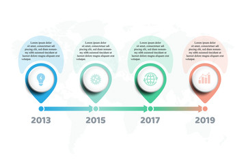 Infographic milestones template with 4 option map pointer. Time scale on map background. For presentation and design concept. Vector illustration.