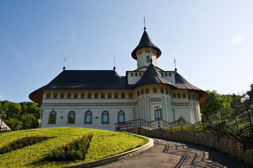 Pangarati orthodox Romanian monastery heritage outdoor architecture in daytime.