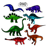 Fototapeta Pokój dzieciecy - Set of beautiful colored dinosaurs drawn with ornament on a white background. Template for children