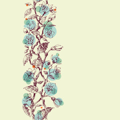 Poster - Spring flowers in delicate blue. Floral branches pattern