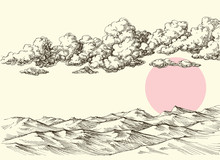Clouds And Sun Over Desert Sand Dunes. Desert Landscape Drawing