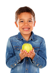 Canvas Print - Funny boy with dark hair and eyes holding a apple