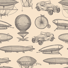 Poster - Vector pattern with steampunk hand drawn airships,