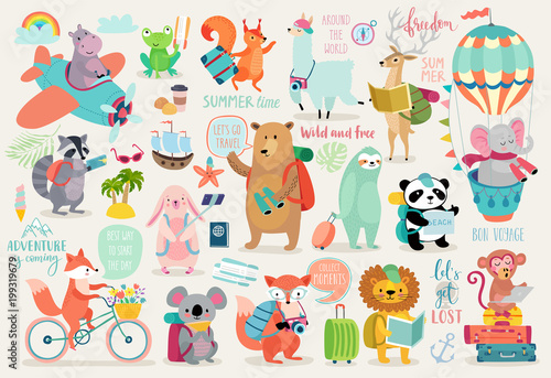 Wektor: Travel Animals hand drawn style, Calligraphy and other elements. Travel Animals hand drawn style, Calligraphy and other elements.