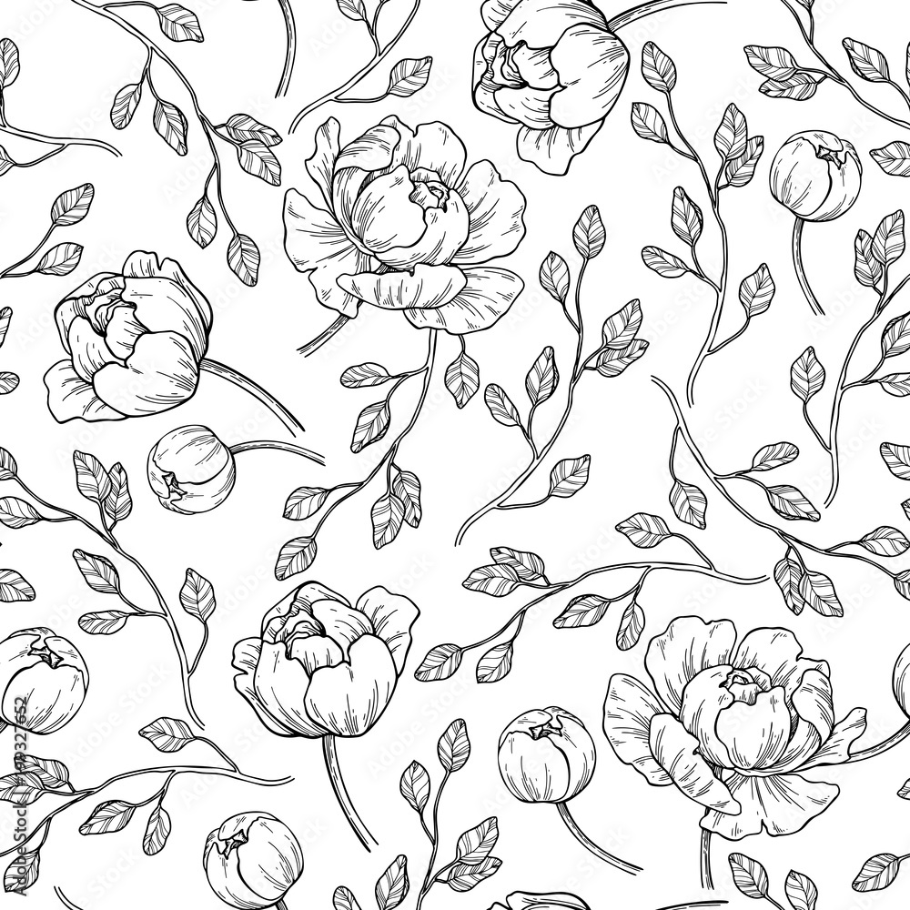 Peony flower seamless pattern drawing. Vector hand drawn engrave Stock ...