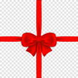© Yevhenii - Red bow with ribbons on transparent background. Realistic satin gift bow with knot