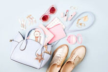 Set Of Feminine Accessories  With Handbag, Watch, Note, Beauty Products And Shoes. Flat Lay, Top View. Fashion Concept In Pastel Colored