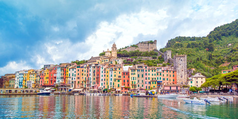  The magical landscape of the harbor with colorful houses in the boats in Porto Venere, Italy, Liguria