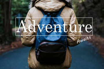 traveler with backpack and adventure message