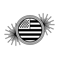 Wall Mural - american flag on button with fireworks vector illustration black and white