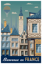 Retro Poster About Traveling To France. Handmade Drawing Vector Illustration. Vintage Style. All Buildings - Customizable Different Objects.