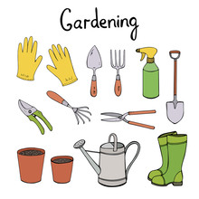 Gardening Vector Clip Art. Hand Drawn Illustration Set 