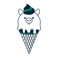 Sticker - ice cream in cone with face pig vector illustration design