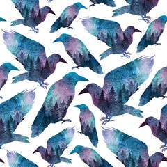 Wall Mural - seamles pattern of ravens' silhouettes with a forest inside. birds in the wild painted with watercol
