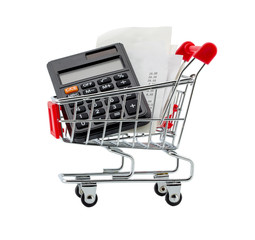 Shopping Trolley With Receipts And Calculator Over White Background