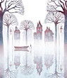 Watercolor illustration of a town standing on stilts in water. Fog, old crooked houses, lanterns, bare trees, and an empty boat reflecting on rippled water.