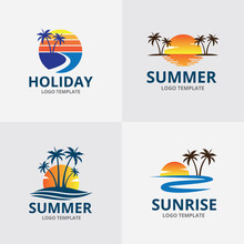Summer Sun Beach Ocean Wave Palm Coconut Tree Vector Logo Design