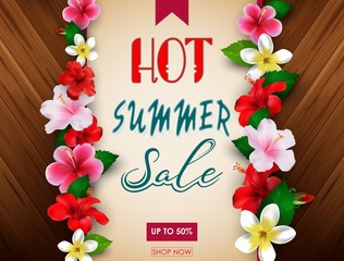 Wall Mural - Hot summer sale banner template with tropical flowers. Up to 50%