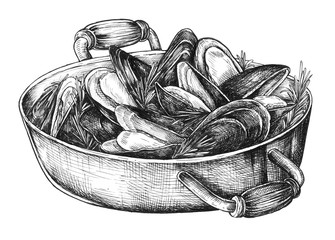 Wall Mural - Hand drawn cooked mussels