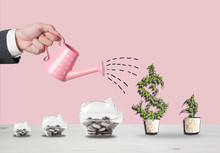 Transparent Piggy Bank Filled With Coins On Wood Background.Saving Investment Colorful Concept.Watering Can And Money Growth Drawn Concept For Business Investment, Savings And Making Money.