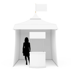 Poster - Blank Promotion Stand with Woman Silhouette near Promotional Advertising Outdoor Event Tent with Flag. 3d Rendering