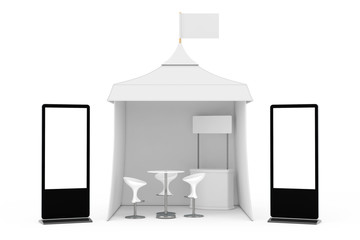 Poster - Trade Show LCD Screen Stand near Promotional Advertising Outdoor Event Tent with Flag, Table and Chairs. 3d Rendering