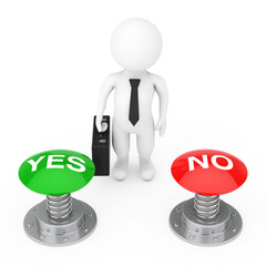 Fototapete - 3d Businessman Person near Green Yes and Red No Buttons Knobs. 3d Rendering